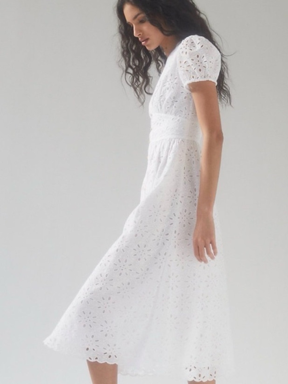 Wilfred Aritzia White Eyelet Midi Dress with Puff Sleeves 100% natural cotton